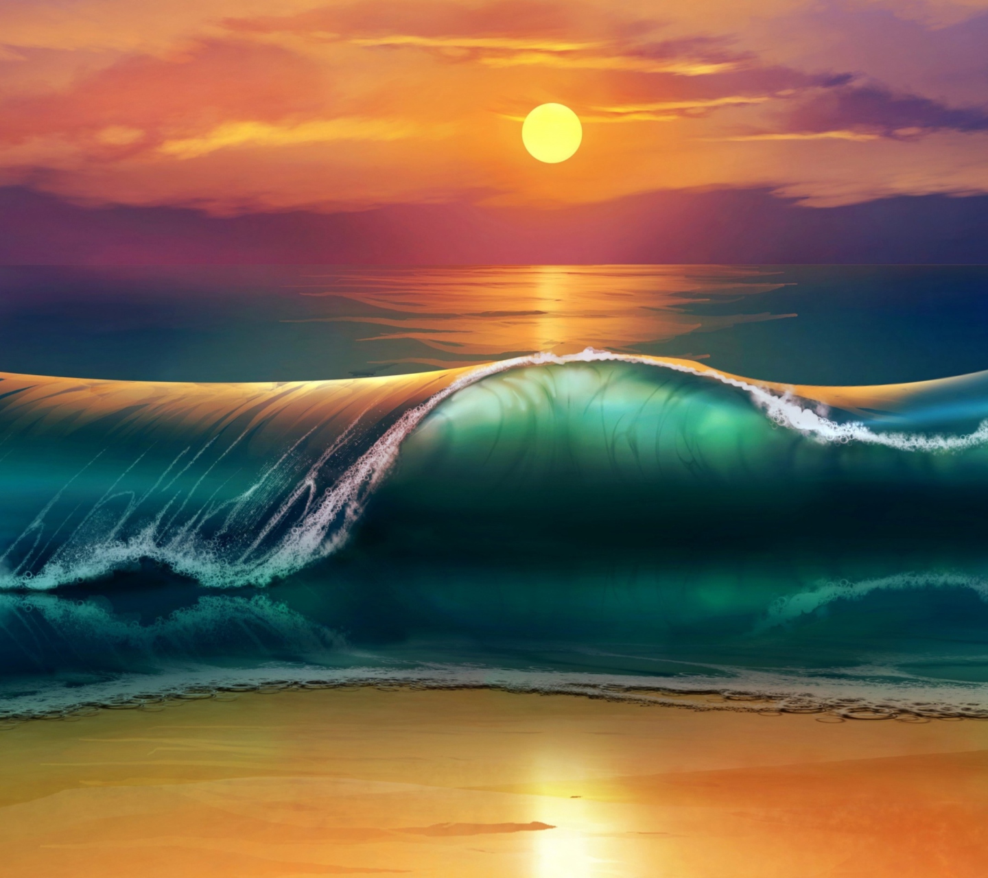 Sunset Over Ocean Waves Painting wallpaper 1440x1280
